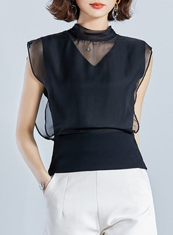 Sexy Mesh Perspective Stand Collar Chiffon Top